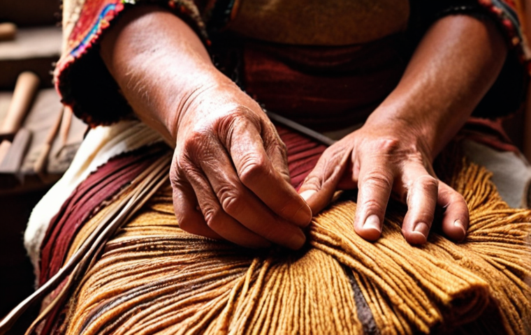 **Prompt:** A close-up, warm-lit shot of an Argentine artisan's hands meticulously working with natural materials. Emphasize the texture of raw wool being woven into a vibrant poncho, or aged leather being tooled, showcasing the unique, imperfect beauty of a handmade creation. The background is softly blurred, hinting at a rustic, traditional workshop or a local environment, highlighting the soul and history embedded in the material. Focus on the delicate precision and the personal touch that defines authentic craftsmanship.
