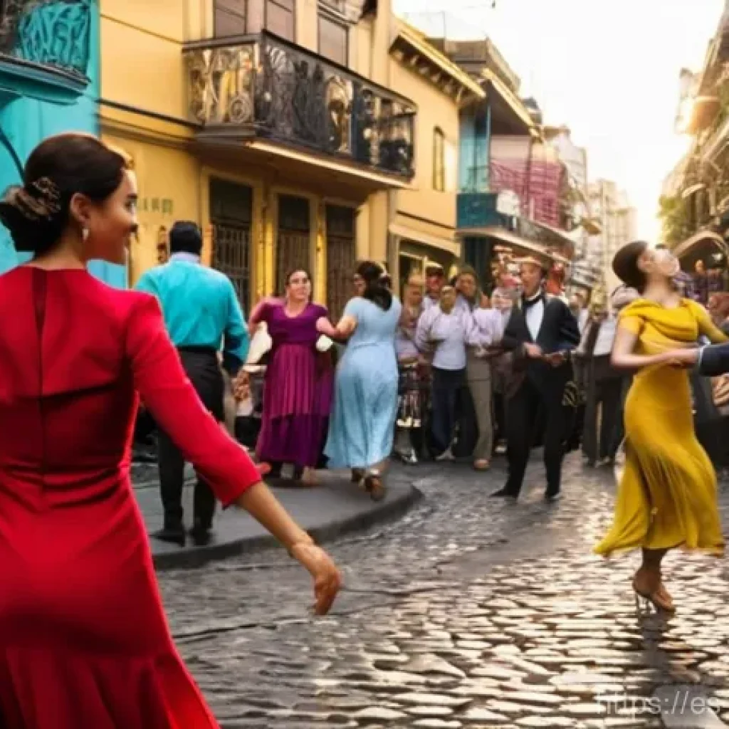 아르헨티나 관광지 추천 - **Prompt:** A vibrant, sun-drenched scene on a cobblestone street in Buenos Aires' San Telmo neighbo...
