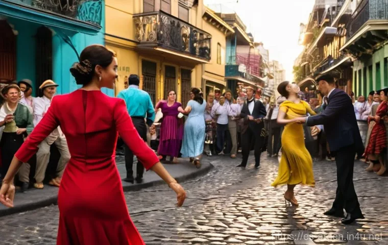 아르헨티나 관광지 추천 - **Prompt:** A vibrant, sun-drenched scene on a cobblestone street in Buenos Aires' San Telmo neighbo...