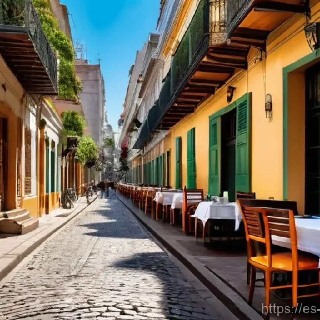 부에노스아이레스 콜로니얼 건축 탐방 - **Prompt: "A vibrant, sun-drenched cobblestone street in the historic San Telmo neighborhood of Buen...