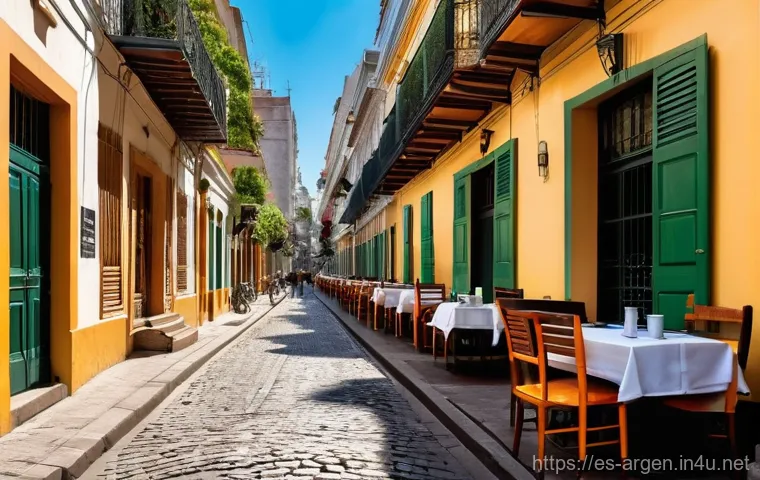 부에노스아이레스 콜로니얼 건축 탐방 - **Prompt: "A vibrant, sun-drenched cobblestone street in the historic San Telmo neighborhood of Buen...
