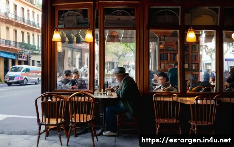 부에노스아이레스 카페 문화 - A cozy, historic Buenos Aires caf&eacute; interior featuring marble tables, carved wooden chairs, and antiq...