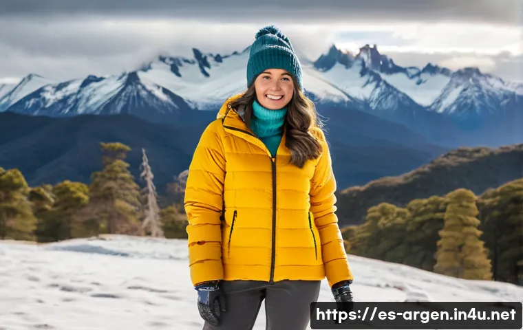 아르헨티나 기후 및 계절별 옷차림 - A stylish young woman dressed in layered clothing suitable for Patagonia winter: wearing a warm down...