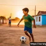 Home 18 리오넬 메시 생애와 커리어 - A young boy passionately playing soccer barefoot on a dusty neighborhood field in Rosario, Argentina...