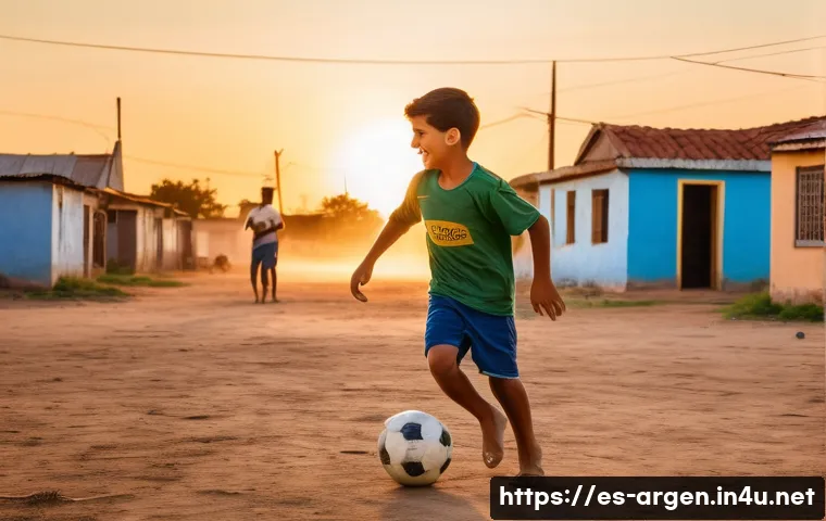 리오넬 메시 생애와 커리어 - A young boy passionately playing soccer barefoot on a dusty neighborhood field in Rosario, Argentina...