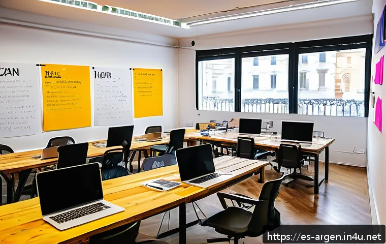 아르헨티나에서 스타트업 창업하기 - A vibrant coworking space in Buenos Aires filled with diverse young entrepreneurs collaborating on t...