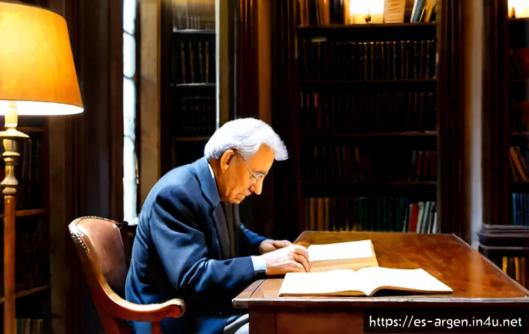 아르헨티나 대표 문학 작품 - Photorealistic atmospheric library in Buenos Aires, an elderly Argentine writer seated at a polished...