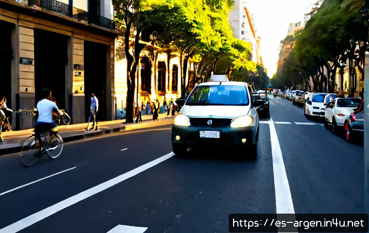 아르헨티나에서 운전할 때 주의할 점 - Photorealistic driver’s-eye view on a wide Buenos Aires avenue at golden hour, a compact car safely ...