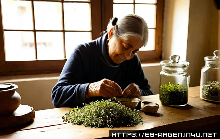 아르헨티나 전통 의학과 현대 의료 시스템 - Photorealistic documentary-style scene in a sunlit Argentine herbal apothecary, an elderly herbalist...